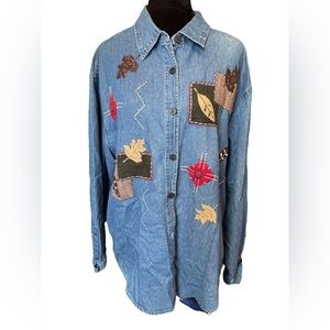 Passports Vintage 90s Denim Festive Fall Seasonal Leaf Geometric Button Up Top